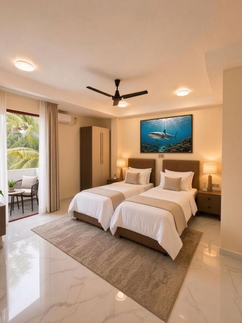 Twin room at Mysuru INN with the balcony door open